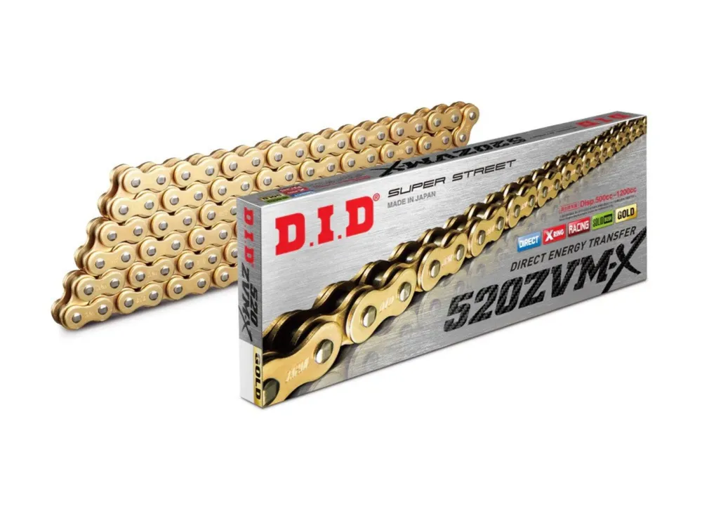 Tovární Cena ZVM-X série X-Kroužkový řetěz D.I.D Chain 520ZVM-X 122 článků Zlatá/Zlatá